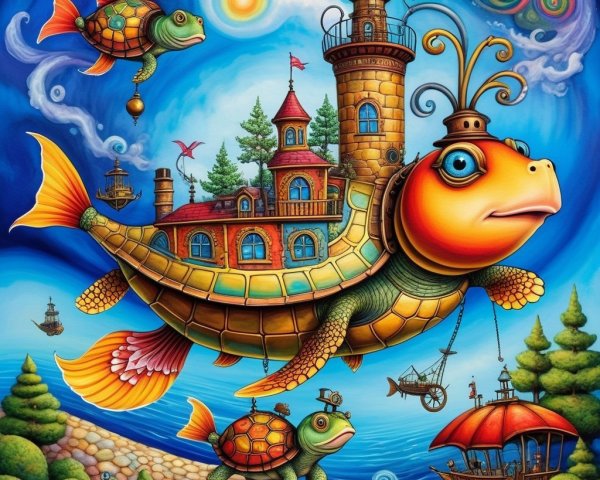 Giant Turtle with Castle and Colorful Fish Scene