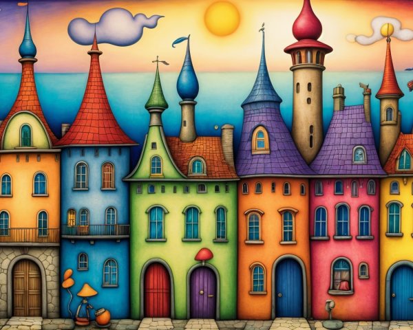 Whimsical Village with Colorful Buildings and Sunset Sky