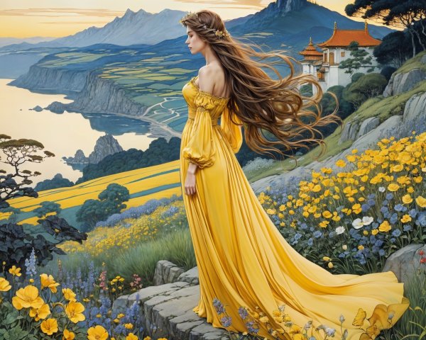 Serene Landscape with Woman in Yellow Dress and Wildflowers