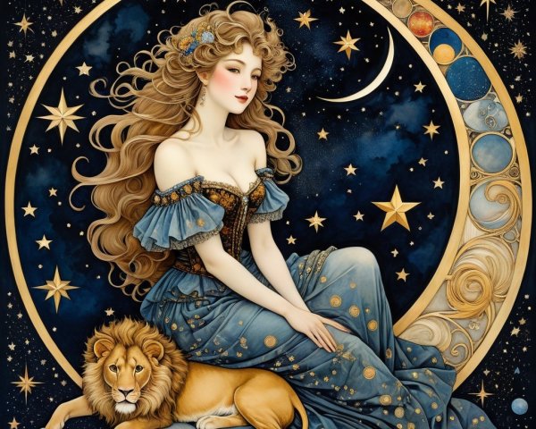 Ethereal Figure on Crescent Moon with Lion Companion