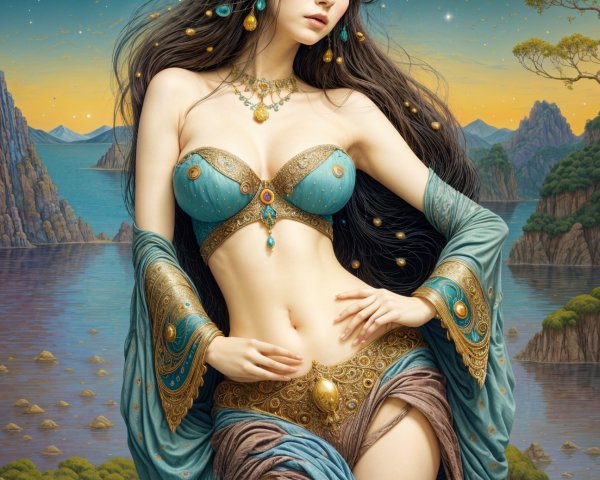 Elegant Figure in Fantastical Landscape at Twilight