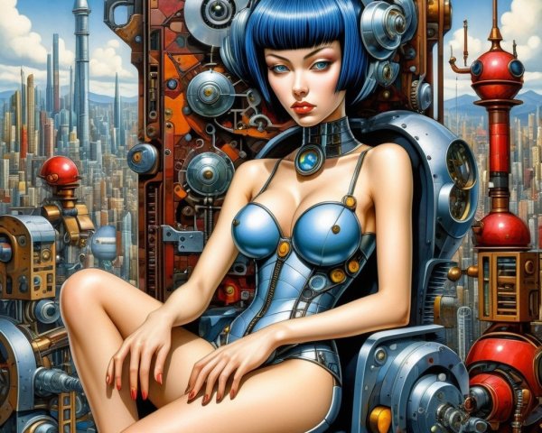 Futuristic Scene with Woman in Metallic Bodysuit