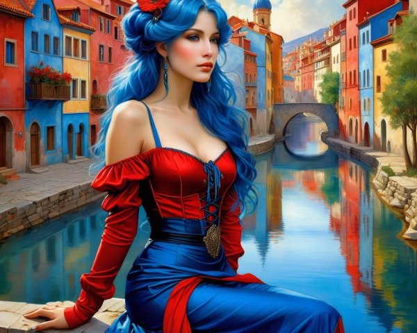 Young woman by canal in red and blue dress