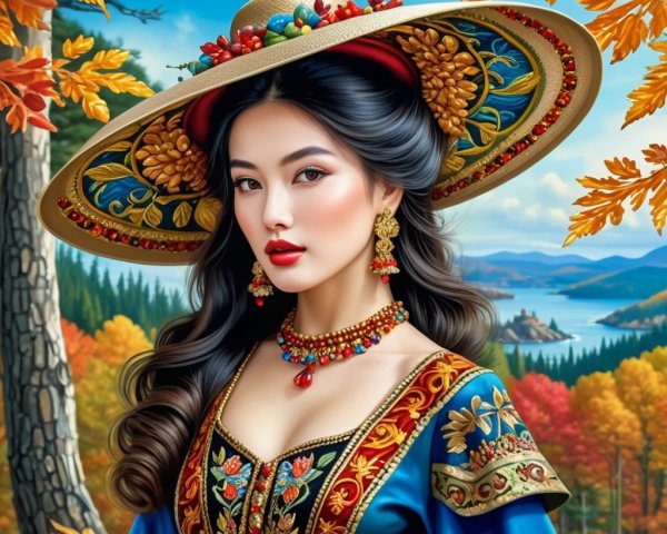 Woman in blue dress amid autumn landscape and lake