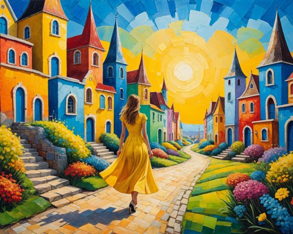 Vibrant Landscape with Colorful Houses and Gardens