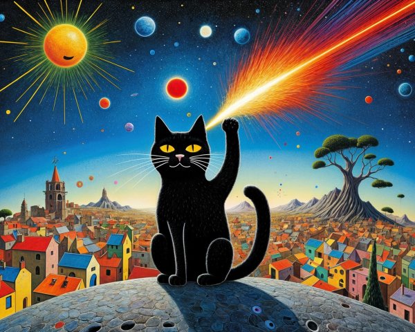 Whimsical Black Cat on Celestial Rock in Cosmic Scene