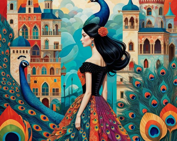 Woman in Peacock Gown Amidst Ornate Architecture