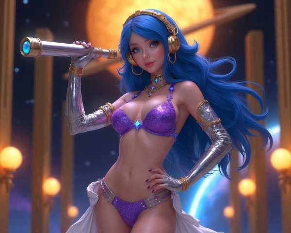 Detailed depiction of a goddess with blue hair and attire