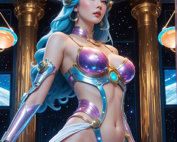 Elegant Futuristic Alien with Cosmic Armor and Staff