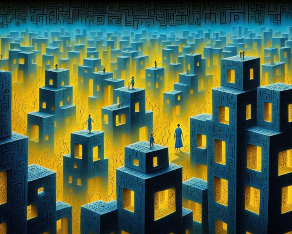 Surreal Cityscape with Blue Structures and Yellow Ground