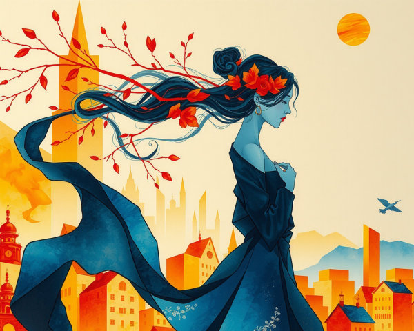 Serene Woman with Autumn Leaves in Cityscape Art