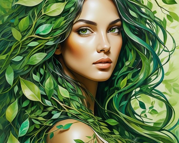 Woman with Green Hair and Leaves in Nature Background