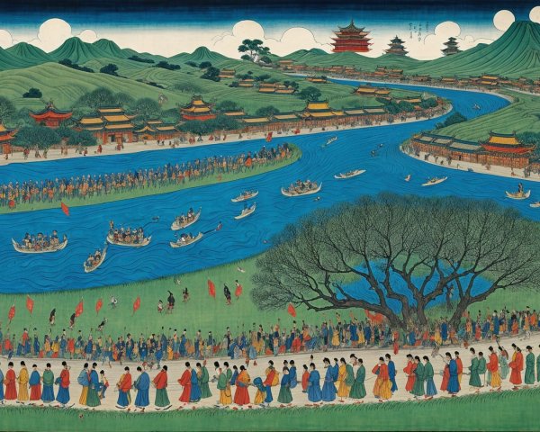 Vibrant Traditional River Scene with Boats and Crowds