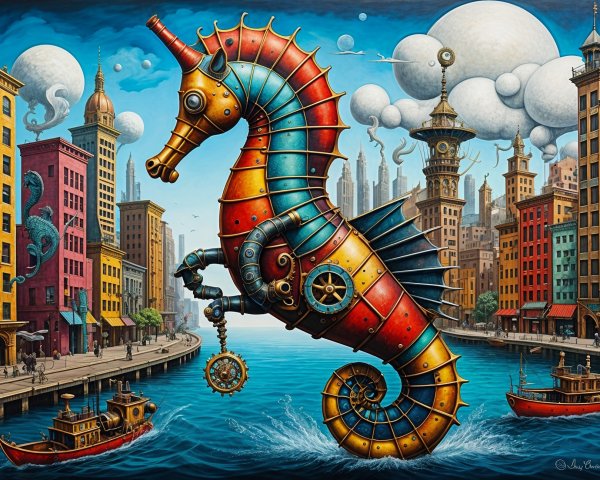 Surreal Steampunk Seahorse Over Colorful Waterfront City