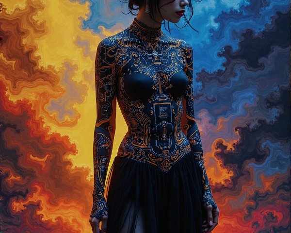 Striking Figure in Black Bodysuit Against Abstract Background