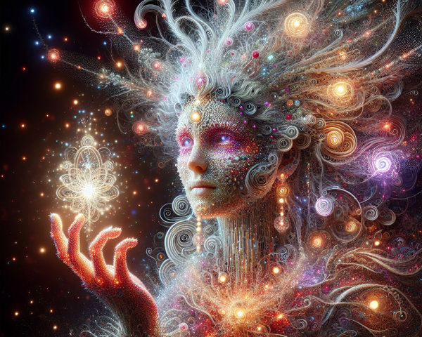 Luminous Figure in Cosmic Backdrop with Radiant Orb