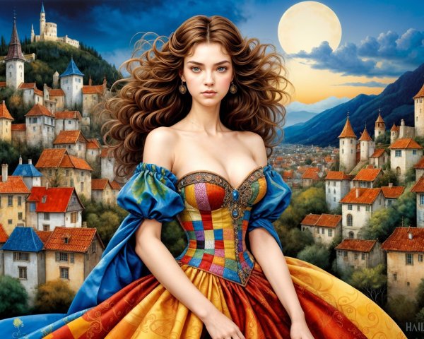 Young woman in colorful gown before medieval town