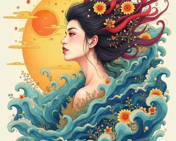 Ethereal Woman in Vibrant Waves with Nature Elements