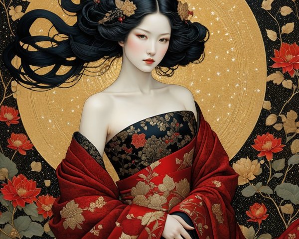 Serene Woman in Floral Kimono with Starry Background