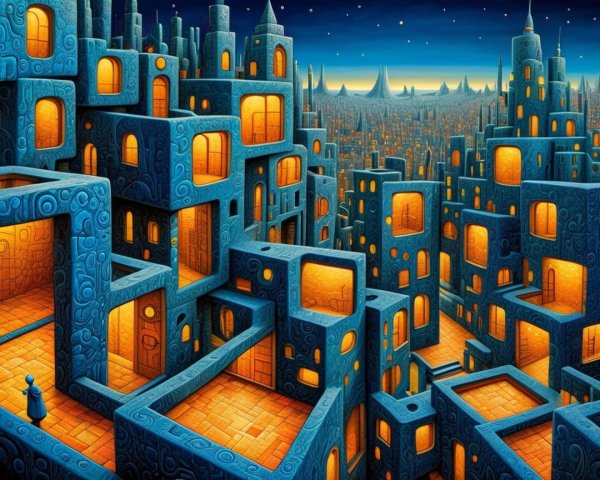 Surreal Blue-Toned Cityscape with Geometric Buildings