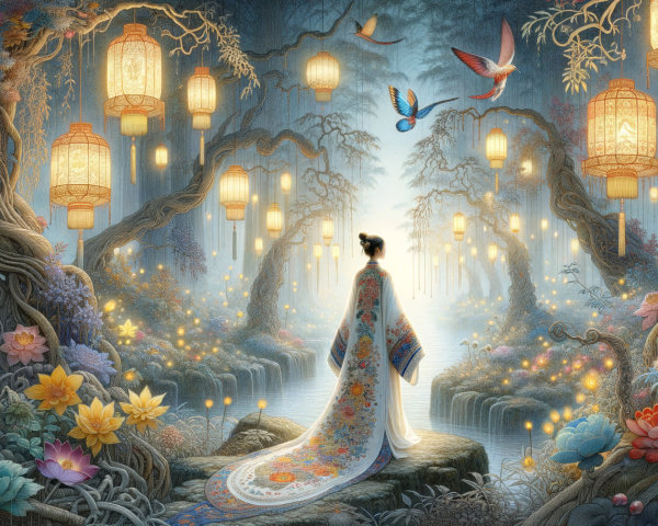 Mystical Forest Scene with Lanterns and Vibrant Nature