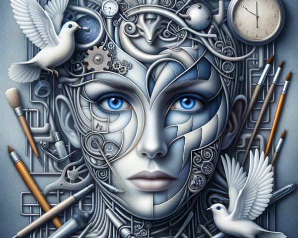Stylized Mechanical Face with Doves and Blue Eyes