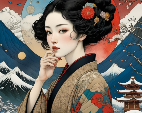 Serene Woman in Kimono Against Vibrant Japanese Landscape