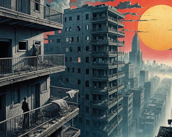 Dystopian Cityscape Under a Vibrant Orange Sun