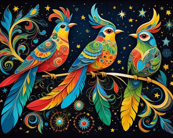 Vibrant Birds with Decorative Patterns in Night Sky