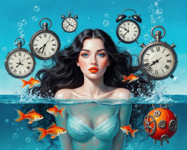 Surreal Illustration of Woman and Floating Clocks