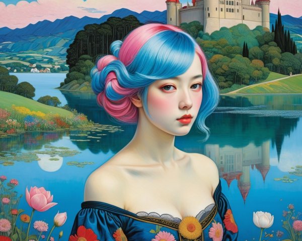 Young woman with colorful hair near serene lake and hills