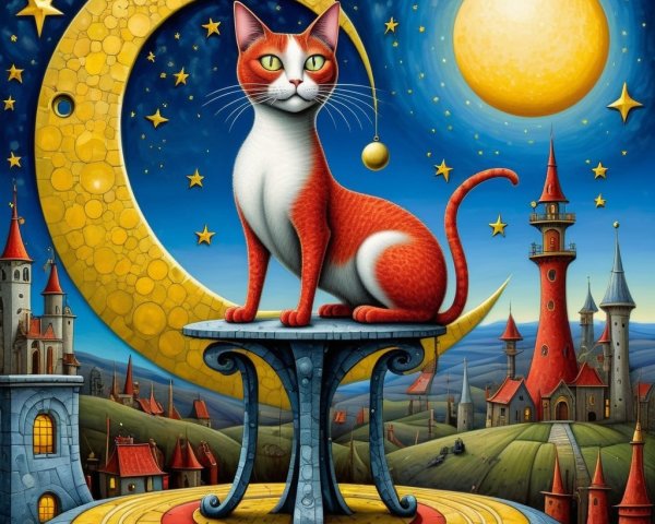 Whimsical Cat on Pedestal in Dreamlike Landscape