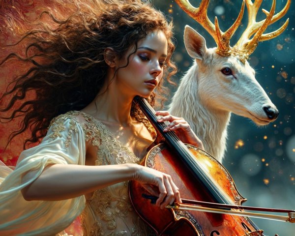 Mystical Scene of Woman with Cello and White Stag