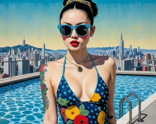 Fashionable Woman by Vibrant Blue Pool with Skyline