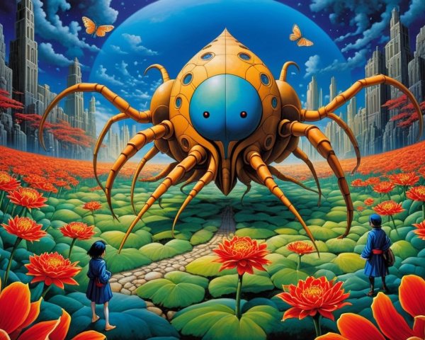 Surreal Landscape with Colossal Spider Creature and Figures