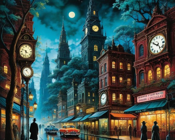 Moonlit Gothic Cityscape with Vintage Shops and Shadows