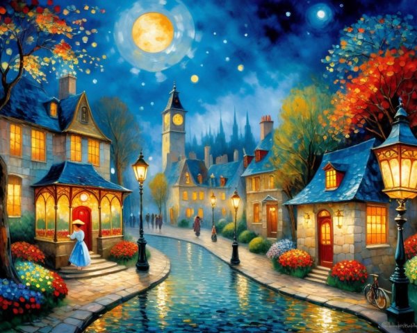 Charming Nighttime Village Scene with Autumn Trees