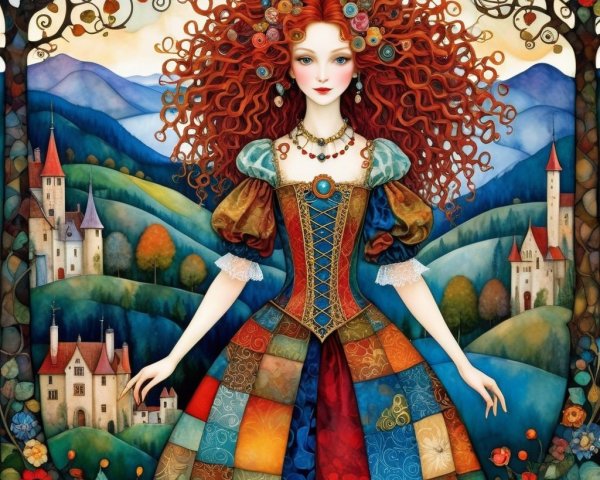 Whimsical Illustration of a Young Woman in Nature