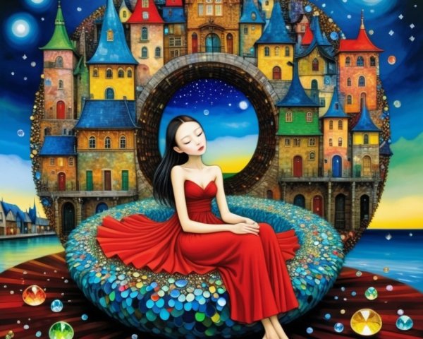 Serene Woman in Red Dress in Whimsical Landscape