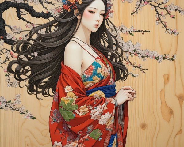 Woman in Traditional Japanese Attire Among Cherry Blossoms