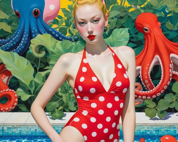 Vintage Red Polka-Dot Swimsuit by a Colorful Pool