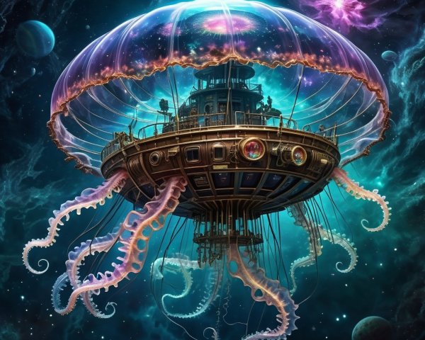 Floating Jellyfish Craft in Cosmic Sci-Fi Scene