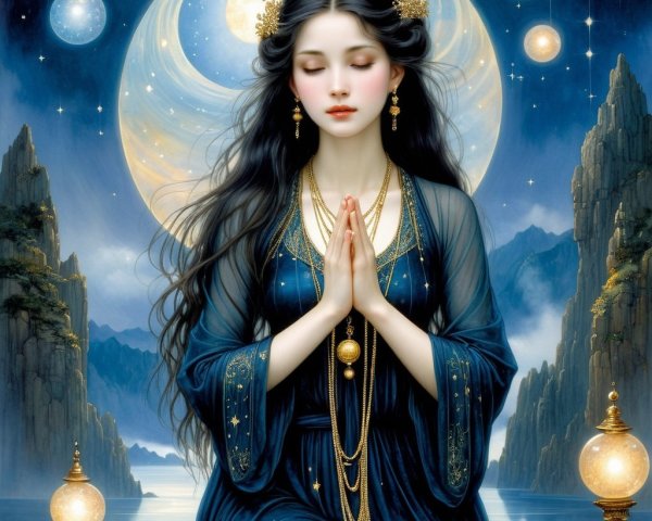 Serene Figure in Blue Gown Praying Under Night Sky