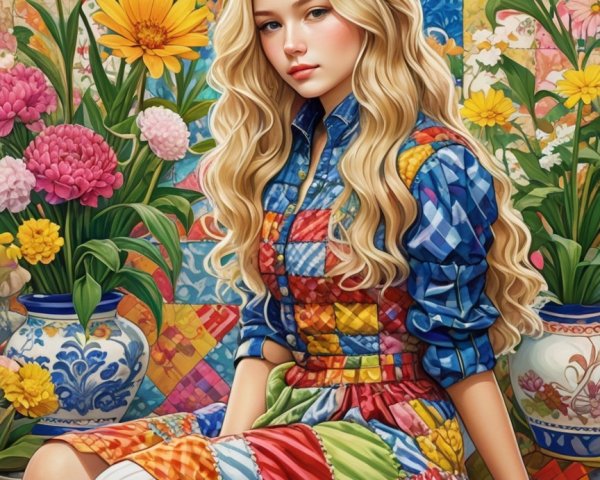 Young woman in patchwork dress among vibrant flowers