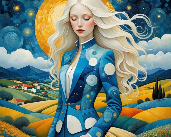 Serene Figure in Blue Suit Against Vibrant Landscape