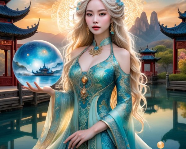 Serene Woman in Turquoise Gown by Tranquil Waterway