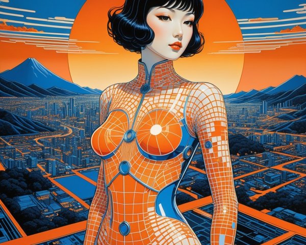 Futuristic Female Figure at Vibrant Sunset with Mountains