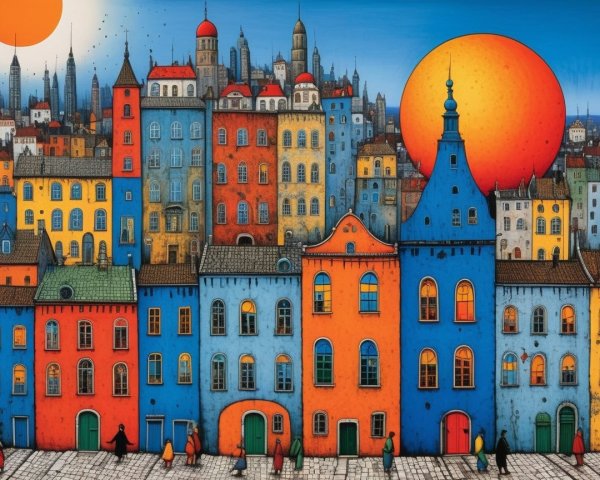Vibrant cityscape with colorful buildings and suns