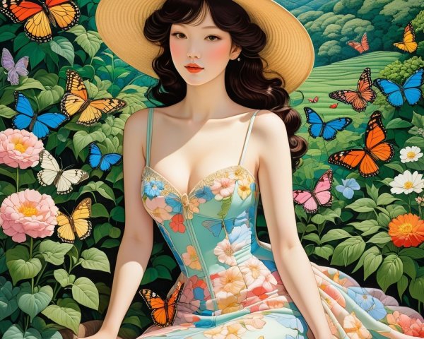 Woman in Blue Dress Surrounded by Flowers and Butterflies