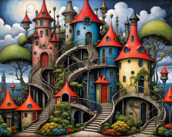 Whimsical landscape with colorful fairy-tale towers